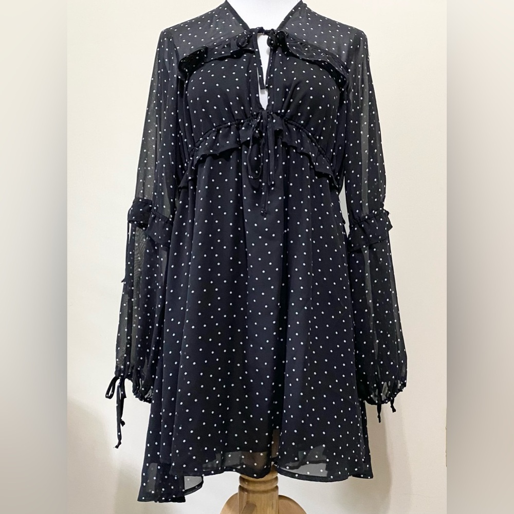 For Love & Lemons Truffles Black Polka Dot Ruffle Long Sleeve Mini Dress